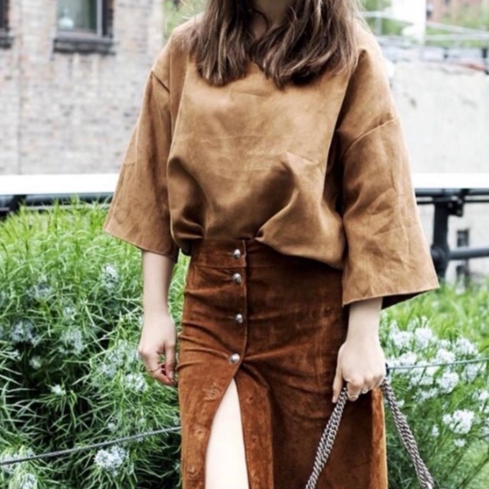 Faux suede camel short sleeve oversize blouse